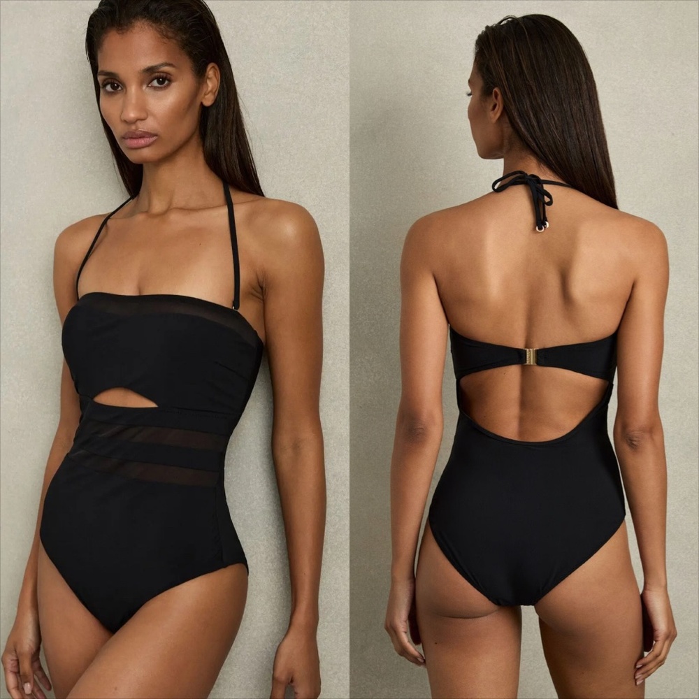 Reiss luna halter neck mesh insert one piece swimsuit